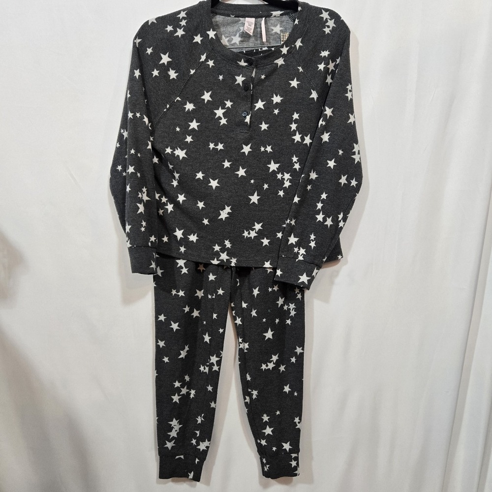 Victoria's Secret Pajama Set XS Gray White Stars Thermal Henley Top Pants